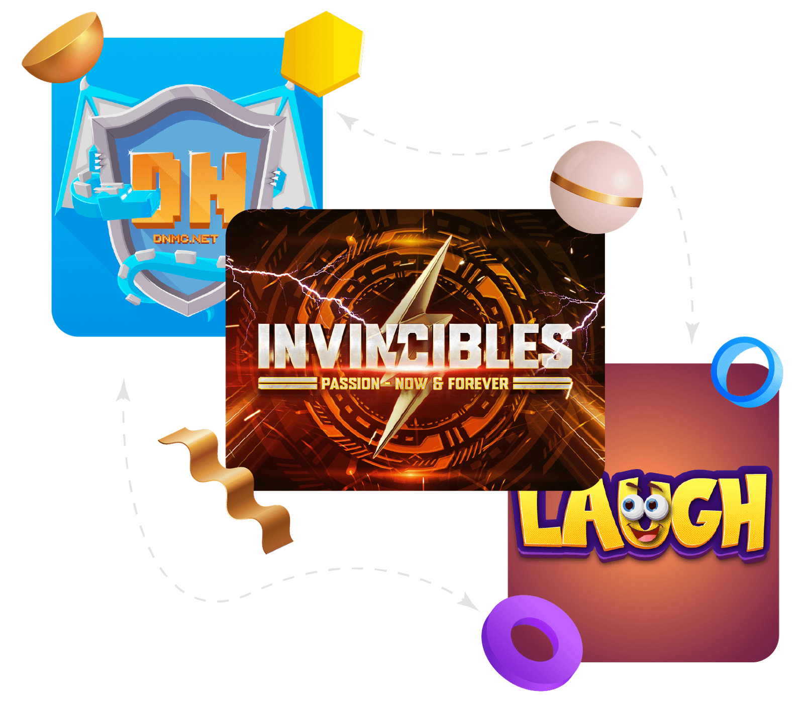 Abstract 3D shapes and game-themed graphics.